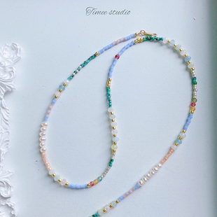 Timee Luna进口Miyuki古董珠原创设计项链女珍珠碧玺摩根石毛衣链