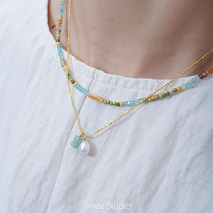 Timee恬觅 天然碧玺淡水珍珠抽拉调节银镀金项链锁骨链礼物 月华