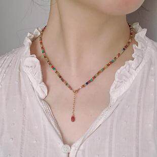 Timee恬觅 天然碧玺南红绿松青金石琉璃米珠毛衣链项链 斑斓