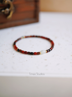 Timee恬觅 冬禧 天然红玛瑙翡翠古法银镀金弹力绳手链手串