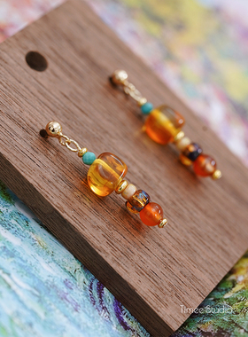 Timee恬觅 es27 天然蜜蜡绿松红玛瑙捷克珠S925耳针耳钉礼物送人