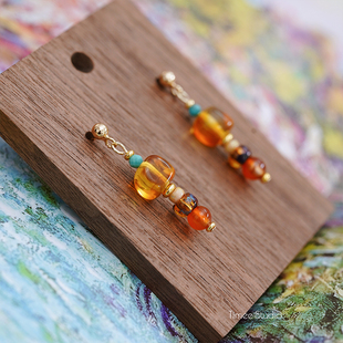 Timee恬觅 es27 天然蜜蜡绿松红玛瑙捷克珠S925耳针耳钉礼物送人