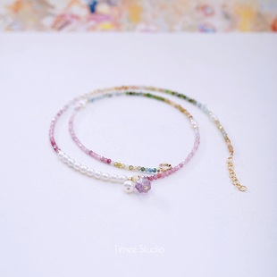 Timee恬觅 天然切面碧玺淡水珍珠水晶美包延长链项链礼物 花未眠