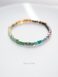 Timee恬觅 彩虹渐变天然石翡翠虎眼进口琉璃弹力绳手链手串 迷虹