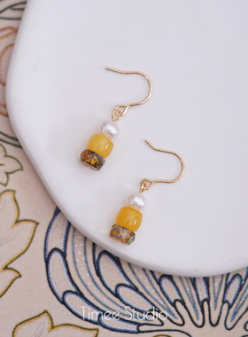 Timee恬觅 es19 天然水珍珠蜜蜡捷克珠耳钩耳扣耳夹耳饰