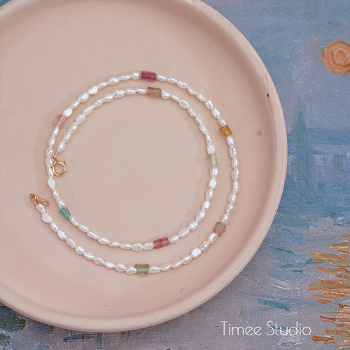 Timee恬觅 花事了 天然淡水珍珠碧玺14K美包项链锁骨链礼物送人