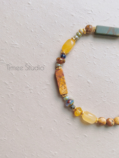 Timee长河落日 黄玉图画石琉璃古董珠天然石新中式弹力绳串珠手链