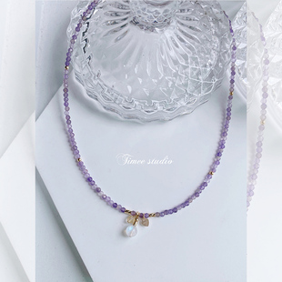 Timee.雾山 小众设计天然石紫水晶月光石锁骨链黄水晶项链毛衣链