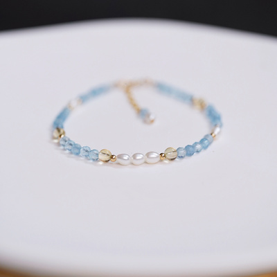 Timee恬觅 云落（新版） 天然高品质海蓝宝黄水晶淡水珍珠14K手链