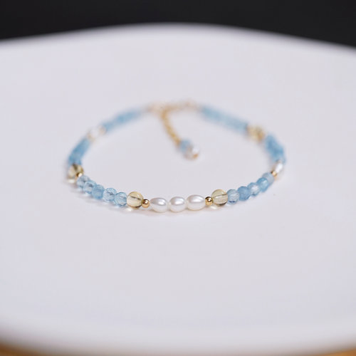 Timee恬觅 云落（新版） 天然高品质海蓝宝黄水晶淡水珍珠14K手链