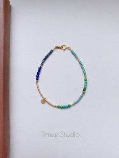 Timee恬觅 天然绿松青金石古董珠串珠手链14K美包 忘机