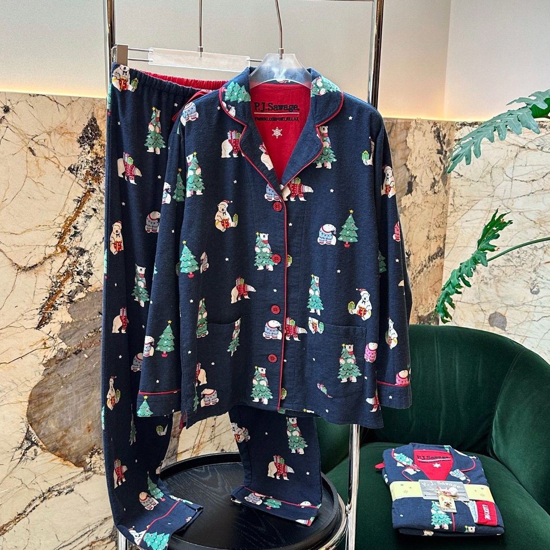 轻奢小众圣诞熊印花纯棉睡衣套装