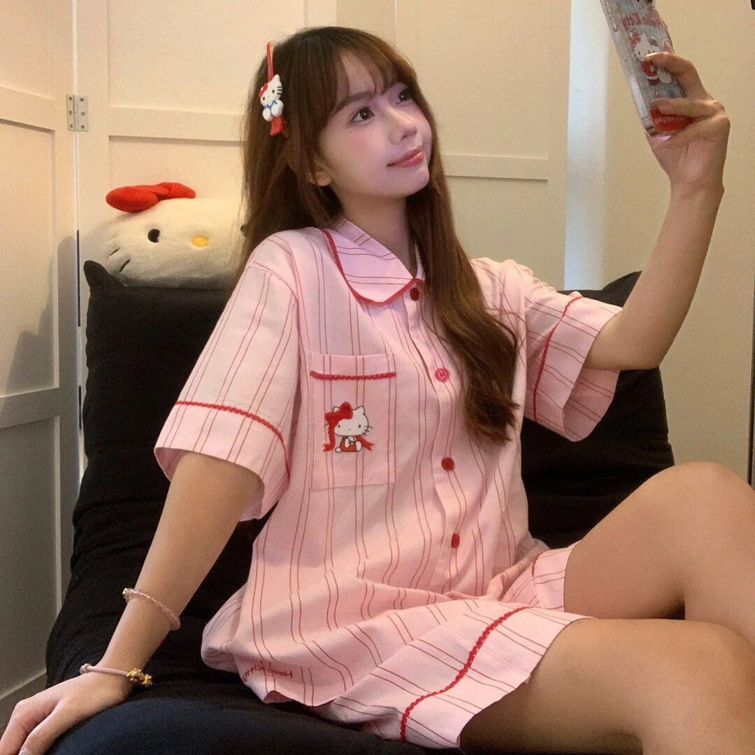 夏季Kitty猫短袖短裤天丝棉睡衣粉色家居服套装连体条纹睡裙女士