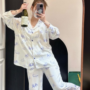 睡衣套装 式 轻奢宋雨琦同款 女狗狗庄园印花衬衫 冰丝家居服 长袖 长裤