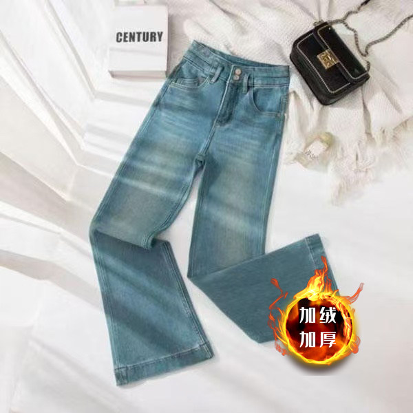 天青色筒叭裤微喇裤女