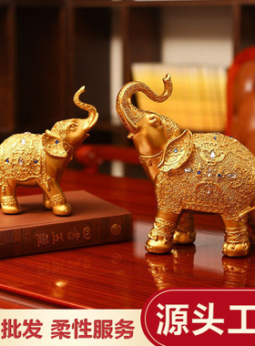 泰国金色吉祥母子象树脂工艺品摆件家居客厅电视柜装饰大象摆件