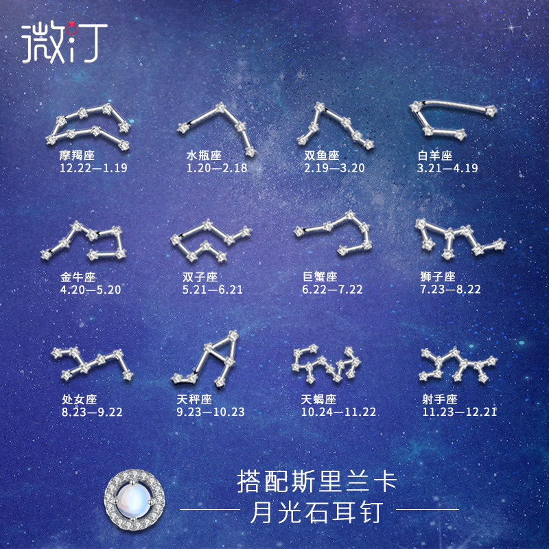 十二星座耳钉女纯银月光石耳环耳饰巨蟹狮子天秤天蝎射手生日礼物