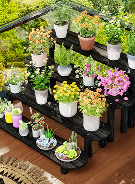防腐木阶梯组合花架黑色阳台实木绿植置物架客厅落地式多肉多层架