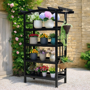 户外花园黑色多层置物架室外庭院防腐木拱门落地式拱形花架爬藤架