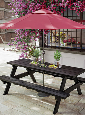 户外庭院露天带遮阳伞实木连体桌椅组合室外餐厅商用外摆休闲餐桌