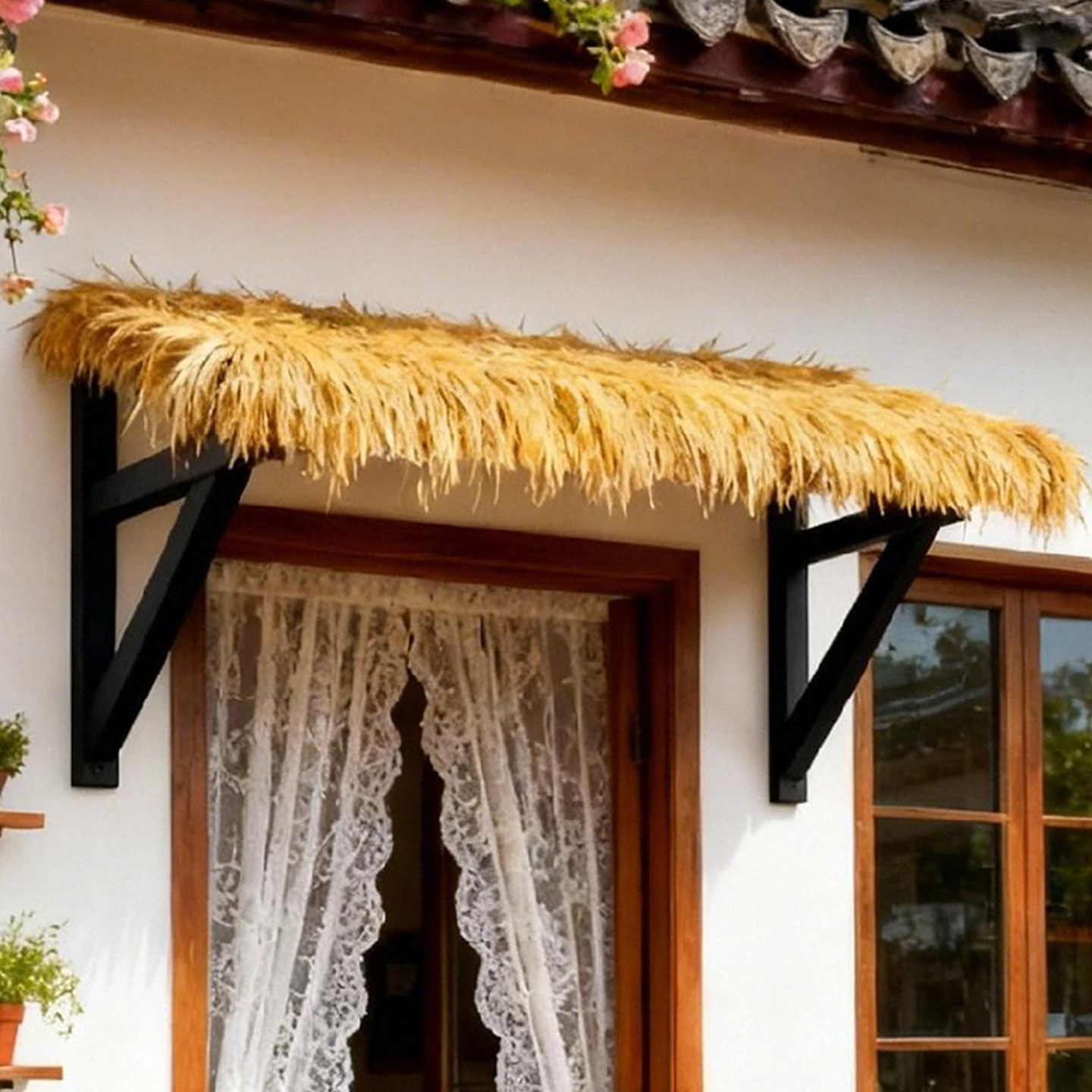 黑色木质窗檐遮阳篷阳台窗户挡雨花架防腐木仿茅草挂墙简易遮雨棚