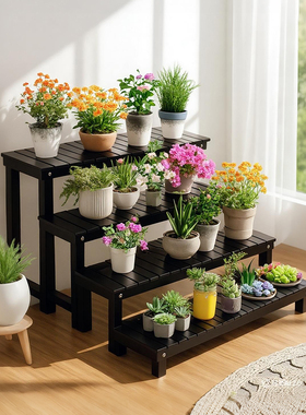 户外庭院防腐木花架子室内实木阶梯式三层露天阳台黑色长条置物架