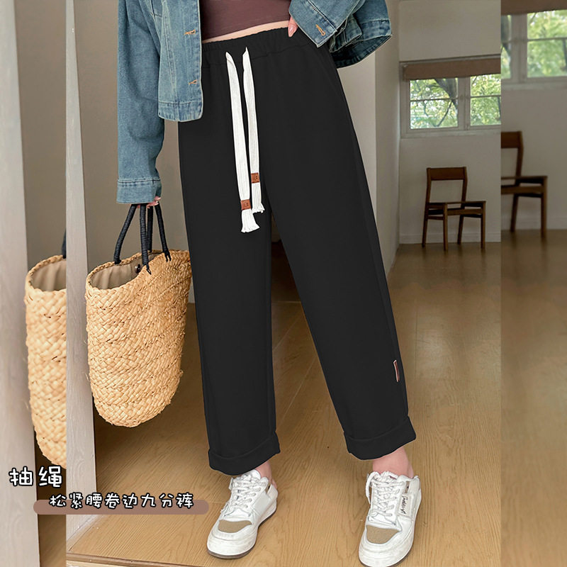 双天大码休闲裤2024春季新款200斤胖mm抽绳松紧腰卷边九分裤8550