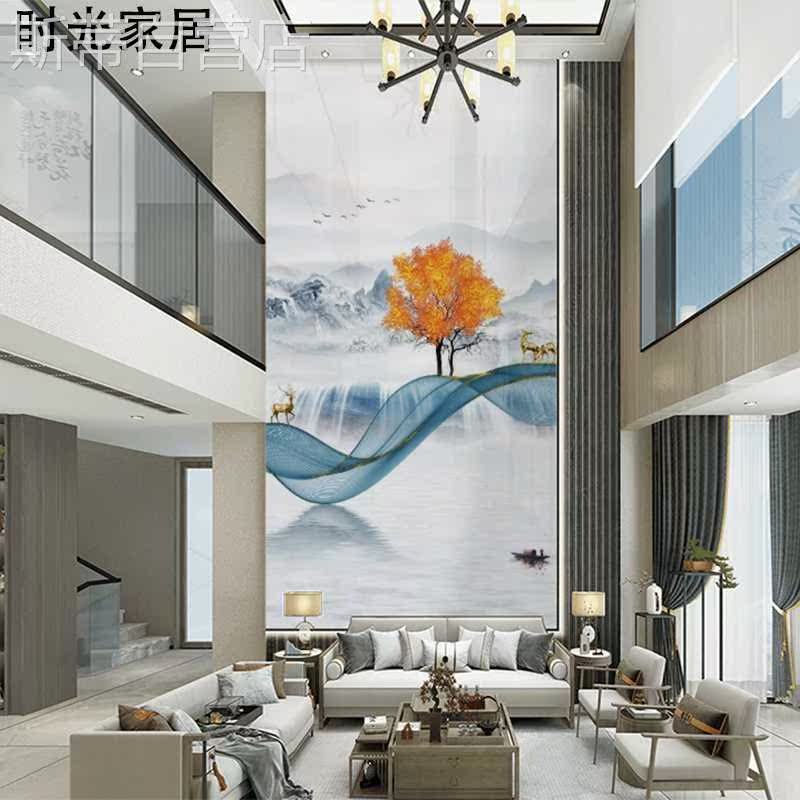 新中式玄关壁画走廊过道竖版壁纸复式楼跃层挑高客厅背景墙纸壁布