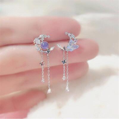 Delicate Cute Zircon Moon Tassel Butterfly Stud Earrings For