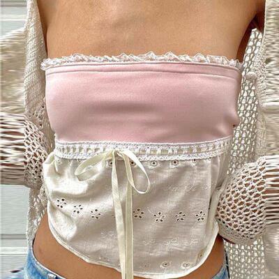 2000s Retro Cute Lace Trim Strapless Tube ops Summer Sleevel
