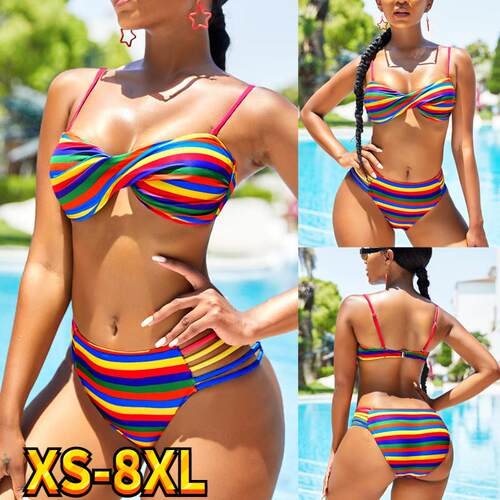 Women Rainbow Print High-Waist Bikini Sets Swimsuit Female S