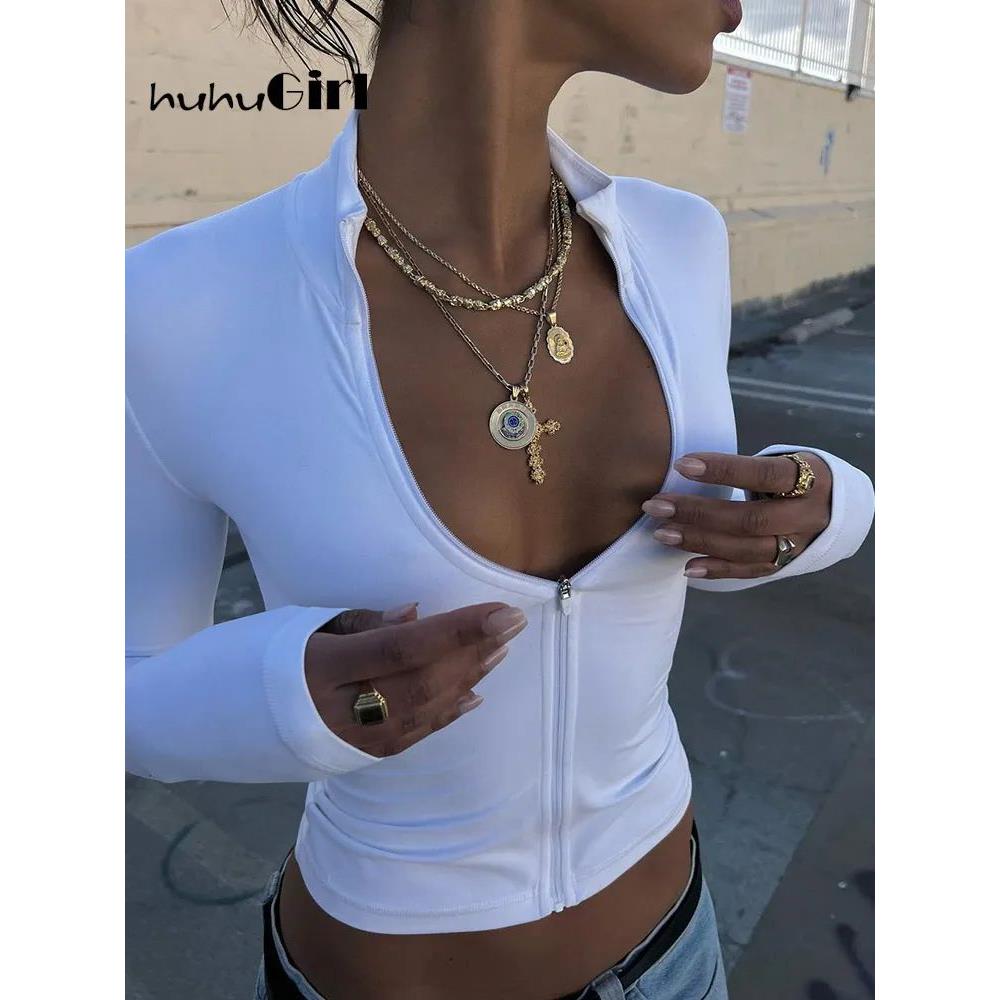 Huhugirl Summer Sexy Club Tees Zipper Tshirts Women Solid op图片