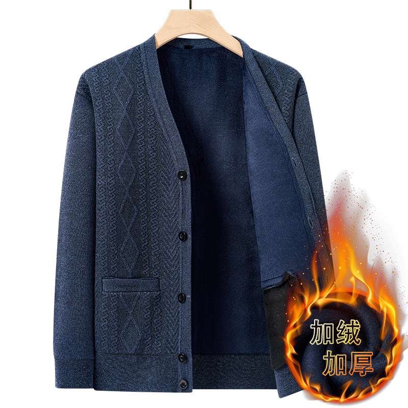 爸爸领开衫毛衣加绒加厚款中老年人男士针织外套爷爷秋冬装上衣