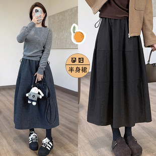 现孕妇半身裙毛呢料山本裙女秋冬新款遮跨显瘦花苞孕妇蓬蓬裙