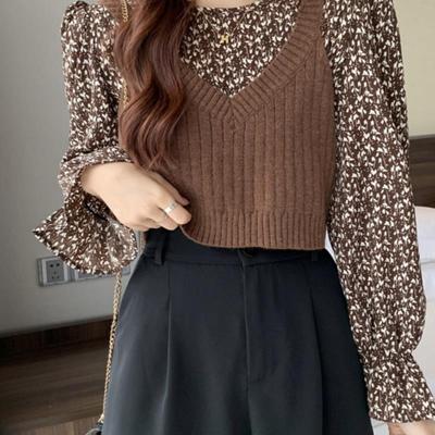 针织马甲背心女春秋小个子外穿领咖色毛衣叠穿短款坎肩毛线上衣