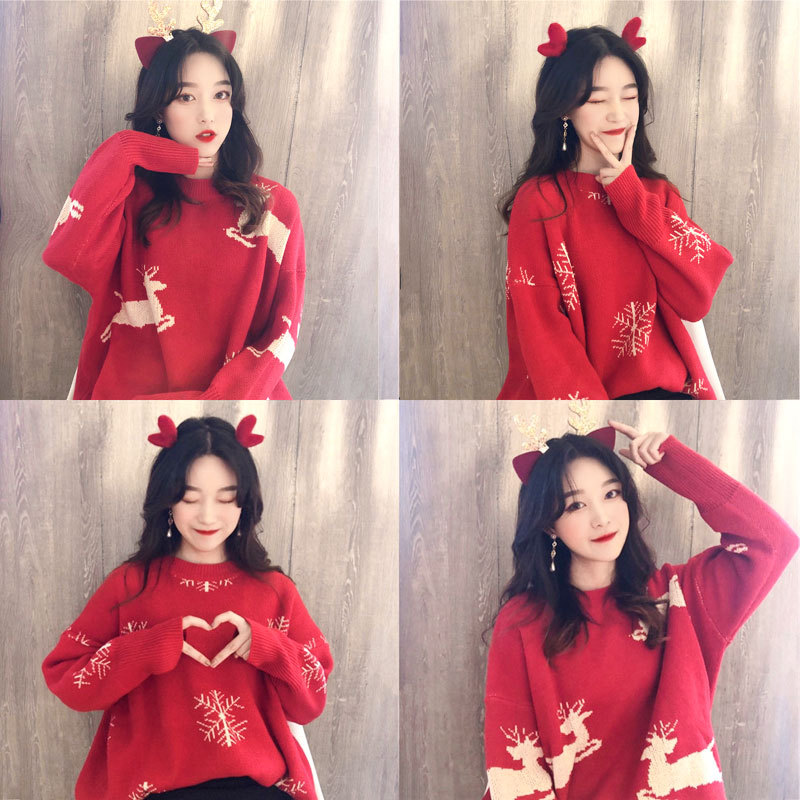 毛衣女加厚2019新款圣诞节服装网红慵懒新年红秋冬针织衣宽松外穿|ruв категории Женская одежда, свитер - от Buy2taobao.com для оказания профессиональной услуги покупки агента Taobao