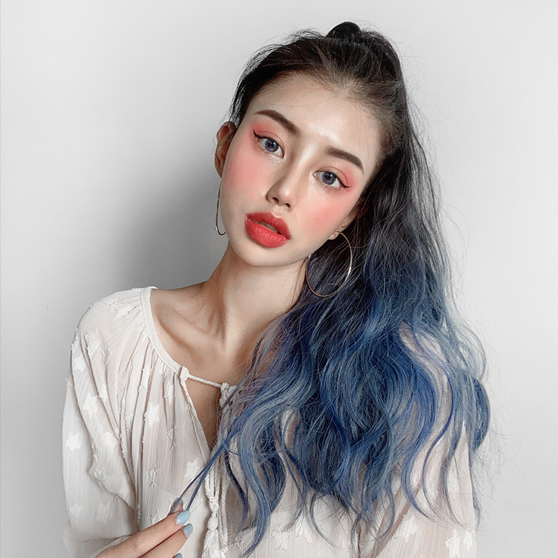 假发马尾女挑染渐变色时尚蓬松长卷发大波浪高马尾抓夹辫子雾霾蓝