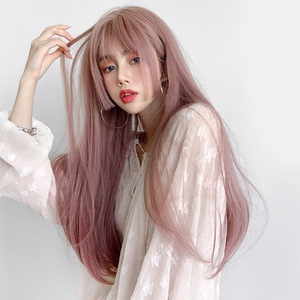 假发女薄藤粉色Lolita公主切姬发刘海长直发 微卷圆脸自然全头套