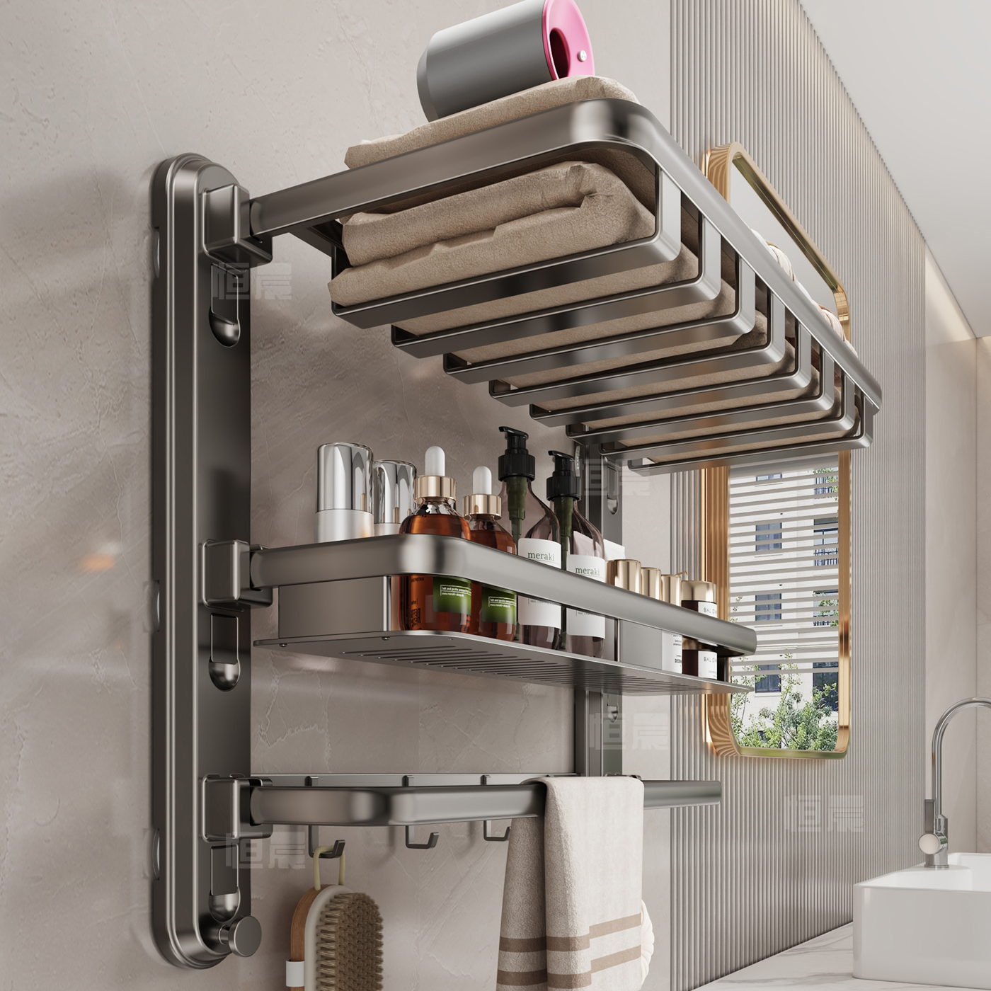 六强力吸盘加厚材质浴室一体架