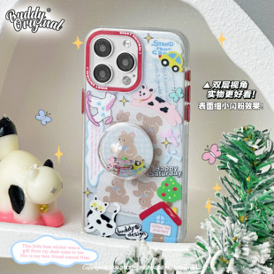BUDDY原创闪粉小熊贴纸适用iPhone14promax手机壳苹果15promax新款 13pro手机套15高级14pro可爱透明ins软壳