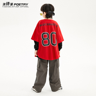 街舞儿童潮服男童嘻哈套装演出服少儿秋季红色宽松衬衫炸街表演服
