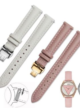 表带女真皮蝴蝶扣适配guess女粉白色牛皮表带14 16 18 20mm快拆款