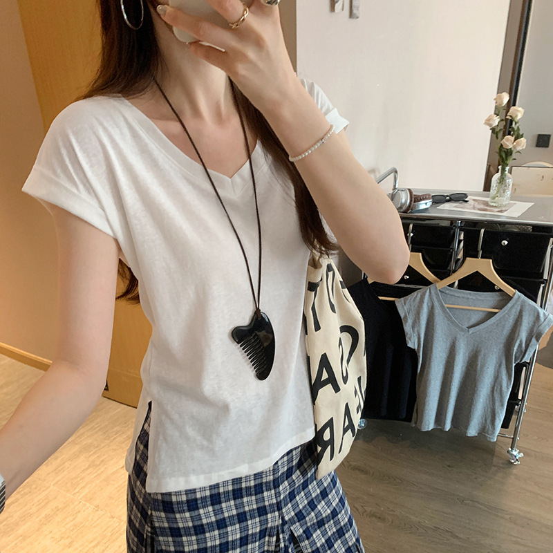莉迪曼爆款小众正肩V领白色短袖T恤女2025夏季新款超好看高级感上