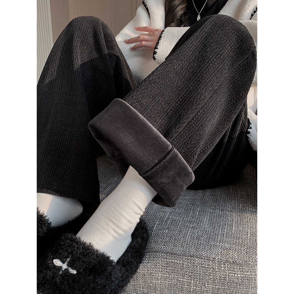 黑色雪尼尔阔腿裤女2025新款加厚棉裤直筒休闲小个子冬季加绒裤子