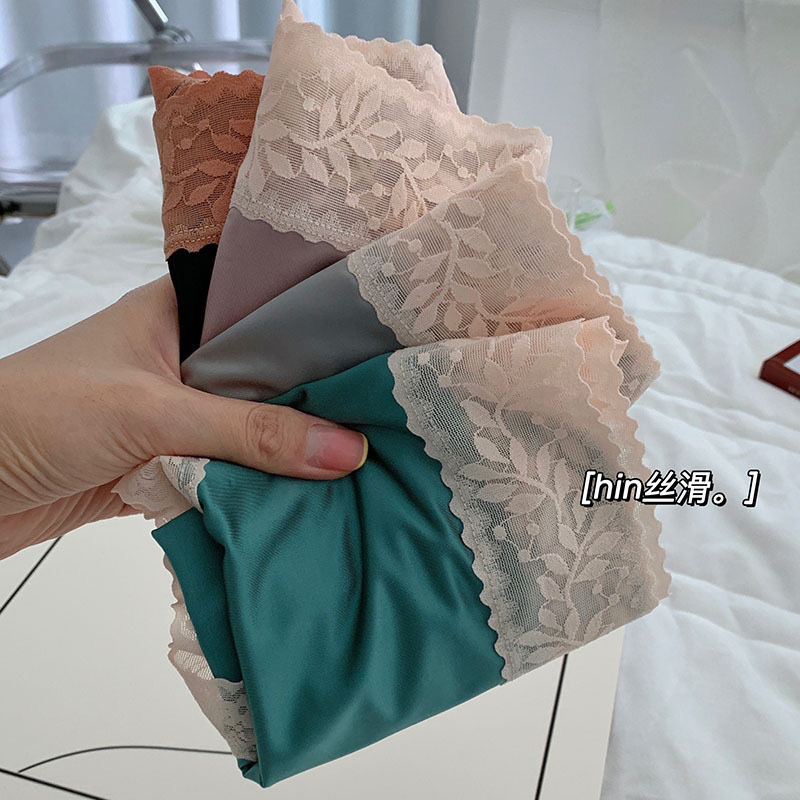 新款法式缎面内裤女贵妇丝绸蕾丝中高腰仿真丝冰丝速干透气三角裤