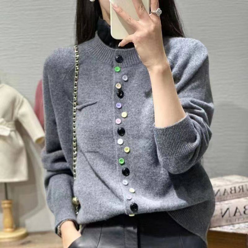 春秋款白色纯羊绒开衫女圆领彩扣宽松毛衣外套针织羊毛衫带兜外搭