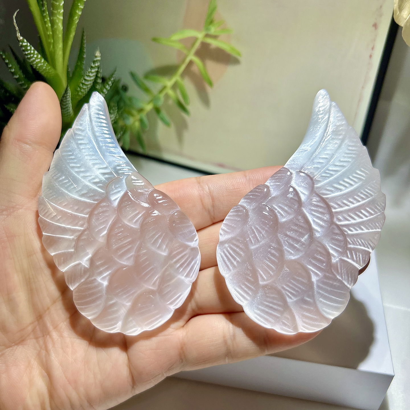 天然摩洛哥石膏翅膀透石膏原石雕刻天使翅膀能量羽翼装饰桌面摆件