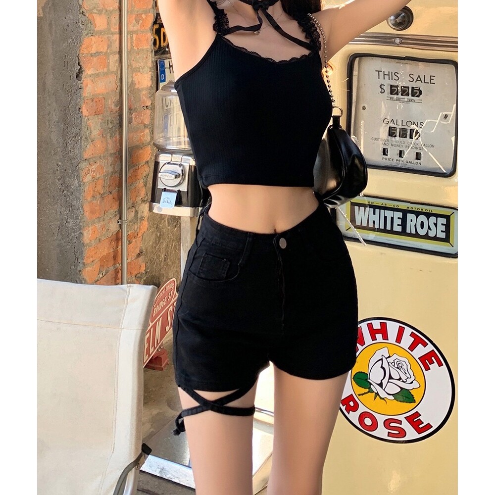 黑色高腰绑带牛仔裤女夏季辣妹修身显瘦设计感小众直筒阔腿短裤子