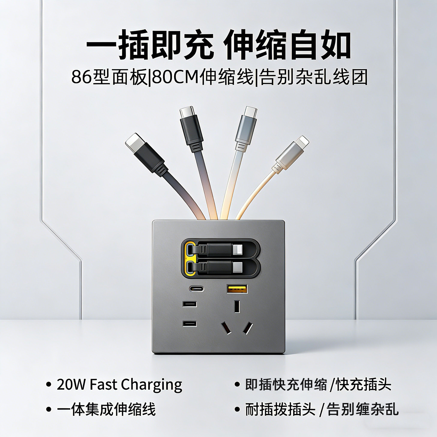 伸缩线充电插座氮化镓USB+C五孔面板20瓦QC协议快充酒店床头插座