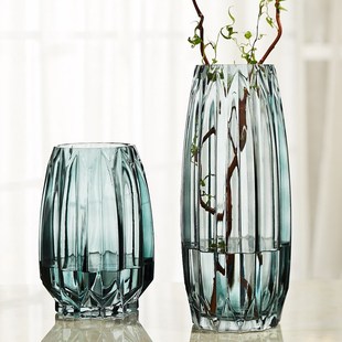 北欧摆件透明 水晶花瓶奢华复古怀旧高花瓶插花长枝玻璃欧式